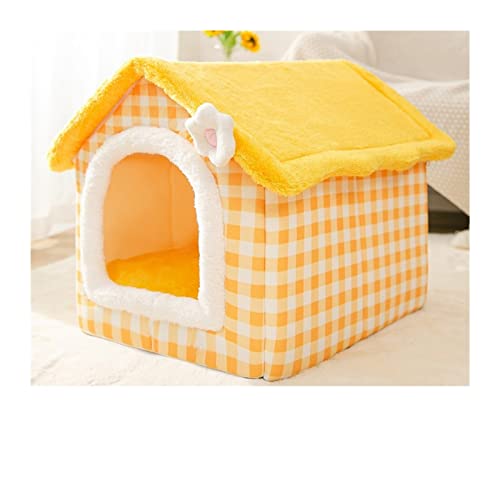 ZRHYRG Katzenbett Zusammenklappbares, bedrucktes Haustierhaus, schönes Kaninchenohr-Design, mechanische Wäsche, Hunde- und Katzenschlafnester Hundebett(Yellow Plaid,M-44x36x39CM-8KG) von ZRHYRG