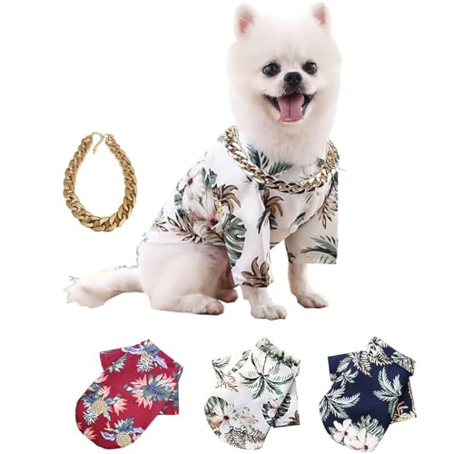 Hawaii-Hunde-Shirt, für den Sommer, coole T-Shirts, Welpen, atmungsaktive Kleidung mit goldfarbenem Kettenhalsband, für kleine, mittelgroße Hunde und Katzen, Größe M, 3 + 1 Stück von ZRREMRE