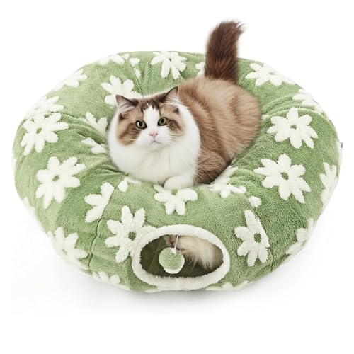 Katzentunnelbett mit zentralem waschbarem Kissen, Indoor Cat Tunnel Tube Toys 3 Form zum Spielen, frische grüne Blumen Thema, rundes Plüsch-Katzenspielzeug-Tunnelbett für Kätzchen, Katze, Welpen, von ZRWD