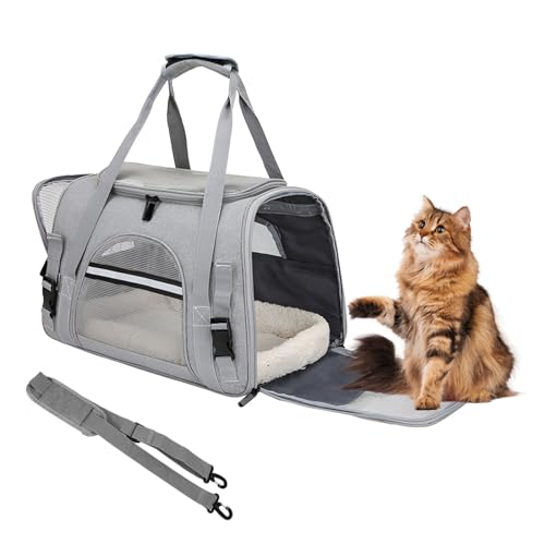 ZSMJAER Transporttasche für Haustiere+ Fleecematte, Transporttasche für Katzen und Kleinere Hunde bis 10 kg, Katzentransport-Tasche, Tasche für Welpen, Reisetasche für Auto, Flieger und Zug (Grau) von ZSMJAER