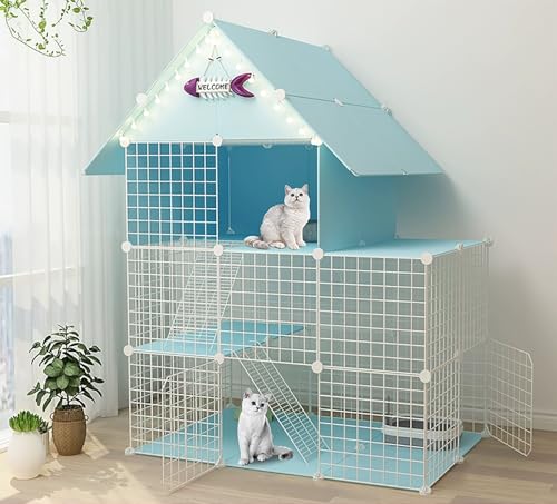 Kaninchenkäfig, Mehrstufiger Katzenkäfig Mit 360° Drehbaren Rädern, Meerschweinchen-Frettchen-Chinchilla-Kätzchenkäfig,(Blue,111 * 75 * 146cm) von ZSXZCBDQ