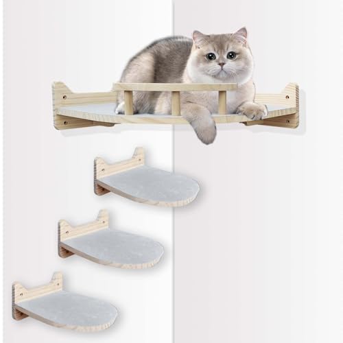 Kletterwand Katzen, Katzentreppe Wand 3 Katzenstufen inkl Einer Katzenliege für die Ecke, Katzenwandparkour mit rutschfestem Filz, Katzen Kletterwand Set[Katzenliege-Naturholz] von ZUMLLOMA