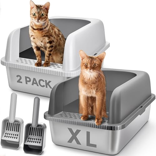 Katzentoilette aus Edelstahl mit Deckel, XL, extra groß für große Katzen, 61 cm L x 40,6 cm B x 30,5 cm H, Metall-Katzentoilette hoch, einfache Reinigung, inklusive Schaufel (dunkelgrau und hellgrau), von ZVBEK