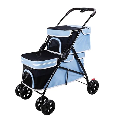 ZXDRYBHD Doppelter Hundebuggy, Zusammenklappbarer Hundekinderwagen, Reisewagen für Hundekinderwagen, Abnehmbare Tragetaschen, für Hunde und Katzen(Blue) von ZXDRYBHD