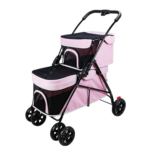 ZXDRYBHD Doppelter Hundebuggy, Zusammenklappbarer Hundekinderwagen, Reisewagen für Hundekinderwagen, Abnehmbare Tragetaschen, für Hunde und Katzen(Pink) von ZXDRYBHD