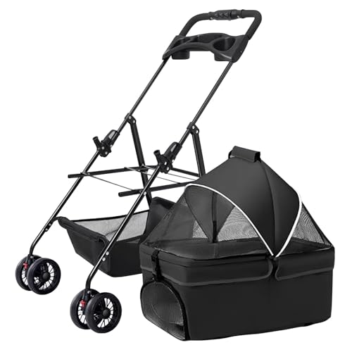 ZXDRYBHD Hundebuggy, Haustierbuggy, Faltbarer Kinderwagen mit Aufbewahrungstasche und Getränkehalter, für Kleine und Mittelgroße Haustiere bis 30 Pfund(Black) von ZXDRYBHD