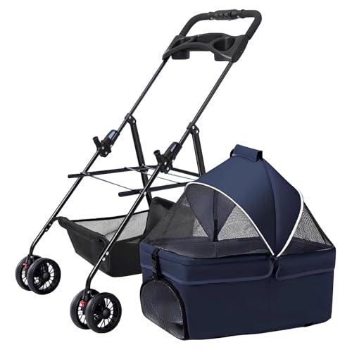 ZXDRYBHD Hundebuggy, Haustierbuggy, Faltbarer Kinderwagen mit Aufbewahrungstasche und Getränkehalter, für Kleine und Mittelgroße Haustiere bis 30 Pfund(Blue) von ZXDRYBHD