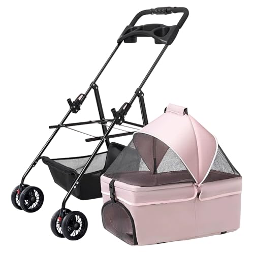 ZXDRYBHD Hundebuggy, Haustierbuggy, Faltbarer Kinderwagen mit Aufbewahrungstasche und Getränkehalter, für Kleine und Mittelgroße Haustiere bis 30 Pfund(Pink) von ZXDRYBHD