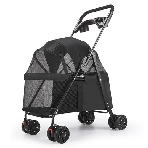 ZXDRYBHD Hundebuggy, Haustierbuggy, Hundewagen Zusammenklappbar, mit 180°-Verdeck, Leicht, mit Tragetasche, für Kleine Hunde und Katzen(Black) von ZXDRYBHD