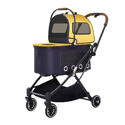 ZXDRYBHD Hundebuggy, Haustierbuggy, Kinderwagen für 2 Haustiere, 4 Räder, Zusammenklappbarer Haustierwagen, mit Sicherheitsgurt, für Hunde und Katzen(Yellow) von ZXDRYBHD