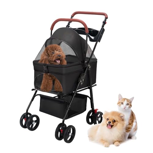 ZXDRYBHD Hundebuggy, Kinderwagen für Haustiere, mit Aufbewahrungskorb und Atmungsaktivem Netz, Leichter, Atmungsaktiver, für Reisen, Einkaufen, Spazierengehen(Black) von ZXDRYBHD