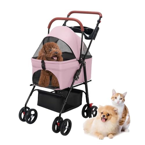 ZXDRYBHD Hundebuggy, Kinderwagen für Haustiere, mit Aufbewahrungskorb und Atmungsaktivem Netz, Leichter, Atmungsaktiver, für Reisen, Einkaufen, Spazierengehen(Pink) von ZXDRYBHD