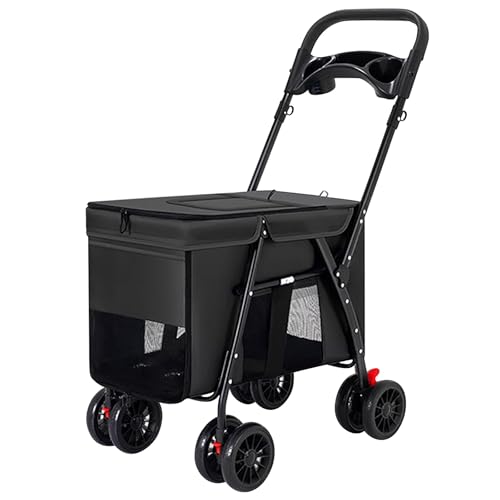 ZXDRYBHD Hundewagen, Kinderwagen für Haustiere, Hundebuggy, Kinderwagen für Katzen, mit Verdeck, Extra Großem Stauraum und Getränkehalter(Black) von ZXDRYBHD