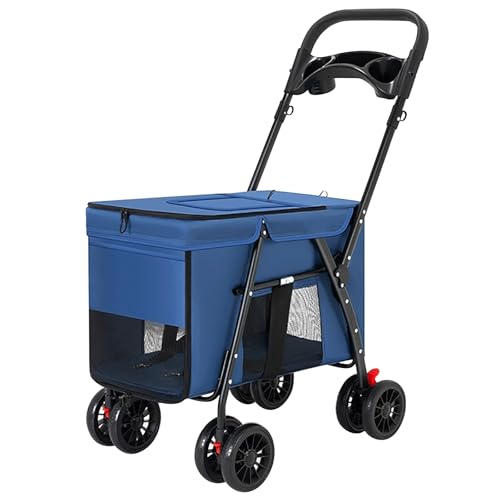 ZXDRYBHD Hundewagen, Kinderwagen für Haustiere, Hundebuggy, Kinderwagen für Katzen, mit Verdeck, Extra Großem Stauraum und Getränkehalter(Blue) von ZXDRYBHD