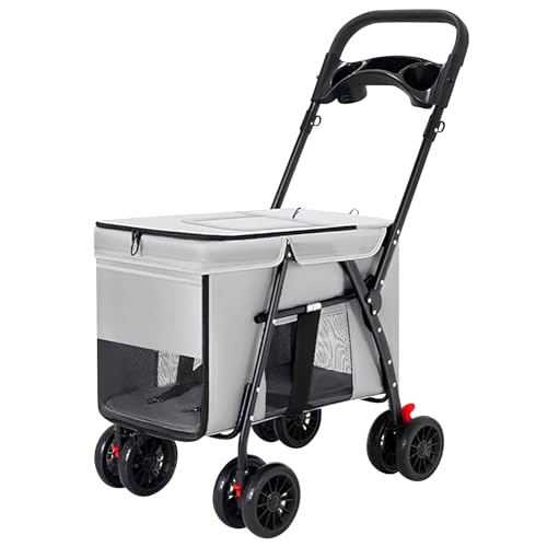 ZXDRYBHD Hundewagen, Kinderwagen für Haustiere, Hundebuggy, Kinderwagen für Katzen, mit Verdeck, Extra Großem Stauraum und Getränkehalter(Gray) von ZXDRYBHD