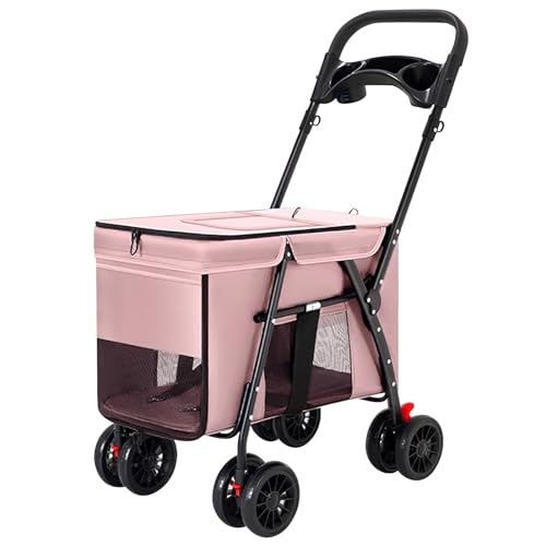 ZXDRYBHD Hundewagen, Kinderwagen für Haustiere, Hundebuggy, Kinderwagen für Katzen, mit Verdeck, Extra Großem Stauraum und Getränkehalter(Pink) von ZXDRYBHD