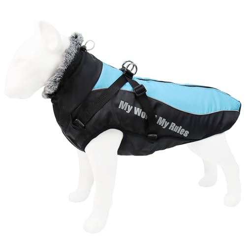 ZYTECO Hunde-Wintermäntel Wasserdichter Schneeanzug Schrumpfbarer Ausschnitt Dick Warm Reflektierend Mit Verstellbarer Schnalle Hundejacke,Blau,3XL von ZYTECO