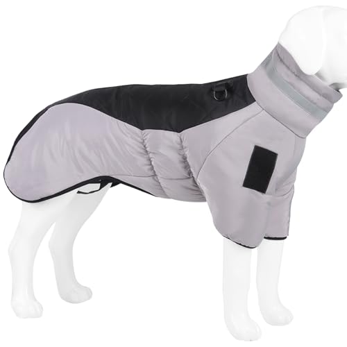 ZYTECO Warmer Wintermantel Für Hunde Dick Wasserdicht Schrumpfbar Hoher Kragen Reißverschluss Schneeanzug Verstellbarer Klettverschluss Reflektierender Baumwollmantel,Gray Black,4XL von ZYTECO