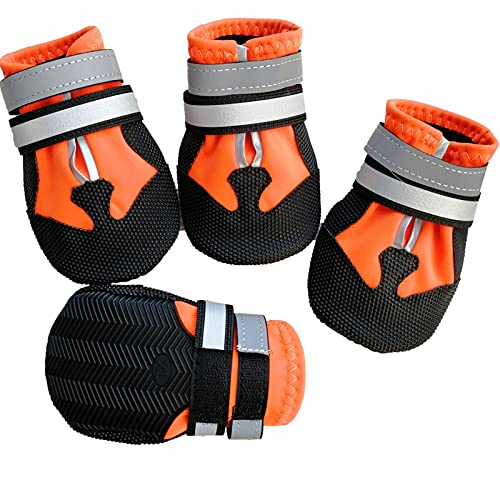 ZZDH Hundeschuhe Pfotenschutz 4 Teile/Satz wasserdichte Hunde Stiefel rutschfeste reflektierende medium große Hunde Schuhe wasserdichte Breathable (Color : Orange, Size : 7+6.5) von ZZDH