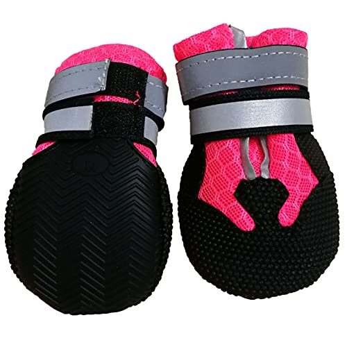 ZZDH Hundeschuhe Pfotenschutz 4 Teile/Satz wasserdichte Hunde Stiefel rutschfeste reflektierende medium große Hunde Schuhe wasserdichte Breathable (Color : Pink, Size : 5.5+5cm) von ZZDH