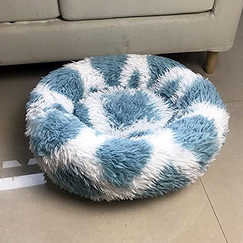 ZZDXL Hundebett Flauschig 80 cm Blau Weiss Rund Hundebett Hundekissen Weiches Plüsch Donut Haustierbett Für Katzen Hunde Weich Warm Haustier Sofa (80cm) von ZZDXL