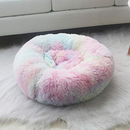 ZZDXL Hundebett Flauschig 80 cm Regenbogen Rund Hundebett Hundekissen Weiches Plüsch Donut Haustierbett Für Katzen Hunde Weich Warm Haustier Sofa (80cm) von ZZDXL