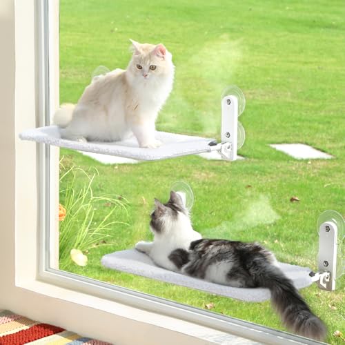 Zakkart 2PC Easy Fold Cat Window Barch - Cordless, Fold-Up, Zip Closure Embeded Machine Washable Bed Cover, Robust Metal Frame - Cat Hammock for Window for Large Cats and Kittens (White, Large, 2PC) von Zakkart