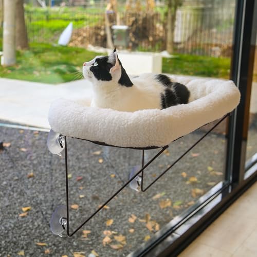 Zakkart Cat Window Perch - 100% Metal Supported from Below - Comes with Warm Spacious Pet Bed - Cat Window Hammock for Large Cats & Kittens - for Sunbathing, Napping & Overlooking (White) von Zakkart