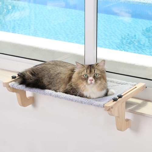 Zakkart Easy Seat Katzen-Sitzstange für Fensterbank, Hängematten-Design mit Kiefernholz und robustem Metallrahmen, Katzenfenstersitz für große Katzen und Kätzchen, Naturholz mit grauem Bett, Größe M von Zakkart