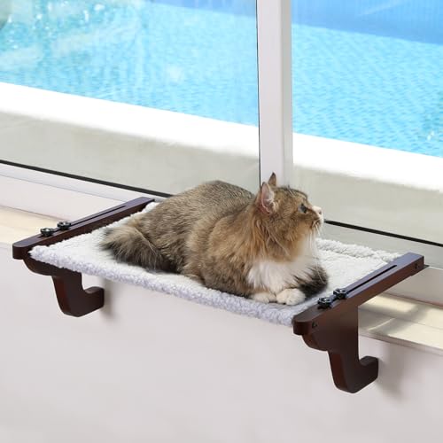 Zakkart Easy Seat Katzen-Sitzstange für Fensterbank, Hängematten-Design mit Kiefernholz und robustem Metallrahmen, Katzenfenstersitz für große Katzen und Kätzchen, dunkles gebeiztes Holz mit grauem von Zakkart