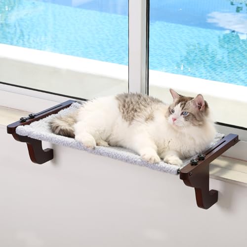 Zakkart Easy Seat Katzen-Sitzstange für Fensterbank, Hängematten-Design mit Kiefernholz und robustem Metallrahmen, Katzenfenstersitz für große Katzen und Kätzchen, dunkles gebeiztes Holz mit grauem von Zakkart