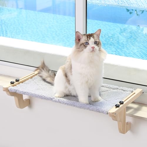 Zakkart Easy Seat Katzen-Sitzstange für Fensterbank, Hängematten-Design mit Kiefernholz und robustem Metallrahmen, Katzenfenstersitz für große Katzen und Kätzchen, natürliches Holz mit grauem Bett, von Zakkart