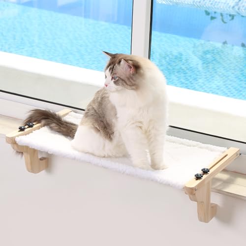 Zakkart Easy Seat Katzen-Sitzstange für Fensterbank, Hängematten-Design mit Kiefernholz und robustem Metallrahmen, Katzenfenstersitz für große Katzen und Kätzchen, naturfarbenes Holz mit weißem Bett, von Zakkart