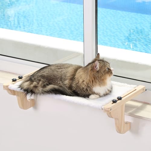 Zakkart Easy Seat Katzen-Sitzstange für Fensterbank, Hängematten-Design mit Kiefernholz und robustem Metallrahmen, Katzenfenstersitz für große Katzen und Kätzchen, naturfarbenes Holz mit weißem Bett, von Zakkart