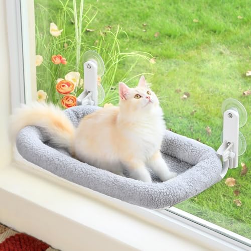 Zakkart Faltbare Katzenhängematte für Fenster, schnurlos, eingebettet, maschinenwaschbares Bett, robuster Metallrahmen, Katzenfensterstange für große Katzen und Kätzchen (graues Nackenbett, groß) von Zakkart