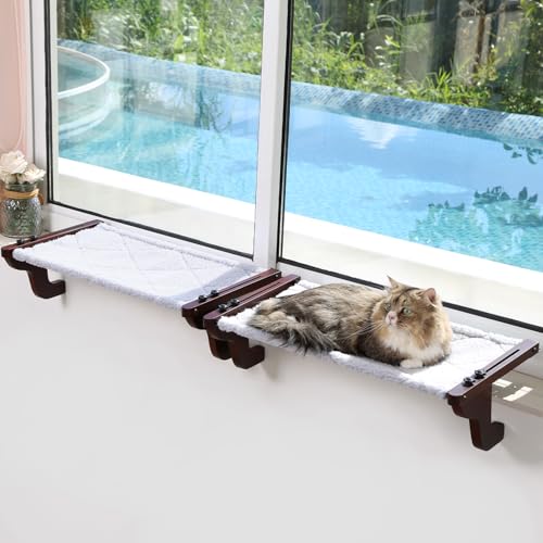 Zakkart Katzen-Sitzstange für Fensterbank, Hängematten-Design mit Kiefernholz und robustem Metallrahmen, Katzenfenstersitz für große Katzen und Kätzchen, dunkles gebeiztes Holz mit grauem Bett, groß von Zakkart