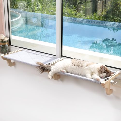 Zakkart Katzen-Sitzstange für Fensterbank, Hängematten-Design mit Kiefernholz und robustem Metallrahmen, Katzenfenstersitz für große Katzen und Kätzchen, natürliches Holz mit grauem Bett, Größe M (B x von Zakkart