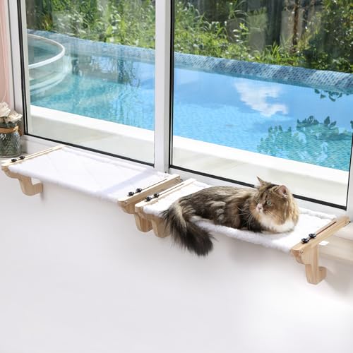 Zakkart Katzen-Sitzstange für Fensterbank, Hängematten-Design mit Kiefernholz und robustem Metallrahmen, Katzenfenstersitz für große Katzen und Kätzchen, natürliches Holz mit weißem Bett, Größe M von Zakkart