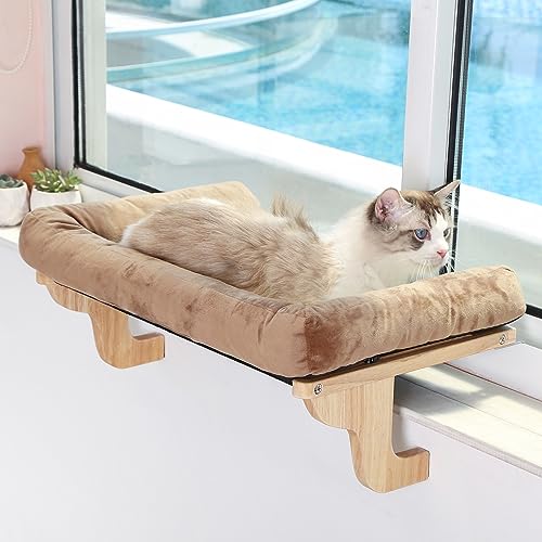 Zakkart Katzen-Sitzstange für Fensterbank mit Nackenrolle, orthopädisches Design mit hochwertigem Hartholz und robustem Metallrahmen, Katzenfenstersitz für große Katzen und Kätzchen, narturales Holz von Zakkart