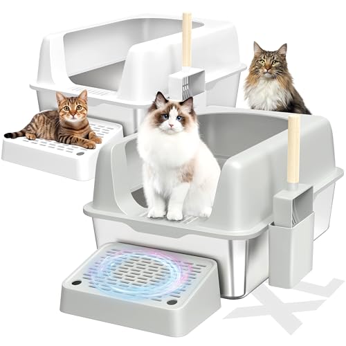 Zapstarz Geschlossene Edelstahl-Katzentoilette mit Deckel, extra große Katzentoilette für große Katzen (2er-Pack, Weiß + Hellgrau) von Zapstarz