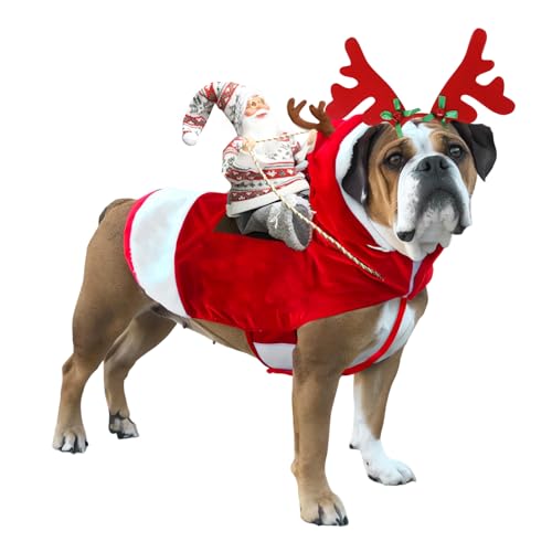 Zaruatu Hund Weihnachtskostüm Weihnachtsmann Reitkostüm mit Rentiergeweih Stirnband Lustiges und Festliches Haustier Outfit für Weihnachten und Halloween Dress-Up (XL) von Zaruatu