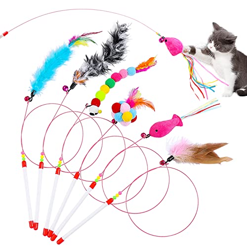 Zasvec Katzenspielzeug 7 Stück Katzenangel mit Federn Interaktives Katzenspielzeug Katzenangel mit Anhänger Feder Glocke Katzenspielzeug Set für Kätzchen und Katzen von Zasvec