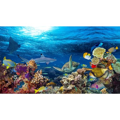 Aquarium-Hintergrund, Unterwasser-Korallenriff-Landschaft, Terrarium-Hintergrund, tiefblauer Ozean mit bunten Fischen und Meereslebewesen, Sonnenlicht, Strahlen, Aquarium-Hintergrund, Vinyl, 91,4 x 61 von ZatiasMiller