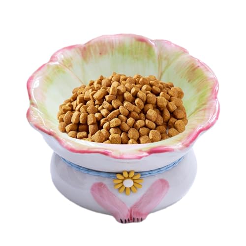 Erhöhter Keramik-Katzennapf, schräg, erhöhter Katzennapf, Futternapf für Haustiere, erhöht, um 15 ° geneigt, erhöhter Futternapf mit Blumen-Design für erwachsene Katzen, Kätzchen von Zceplem