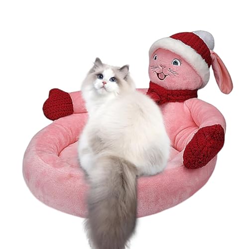 Zceplem Weihnachtskatzenhaus - Rosa Kaninchen 3D Weihnachtskatzennest mit Mütze und Schal - Waschbare, gemütliche Haustierbetten für Kätzchen und kleine Hunde, Heimtierbedarf von Zceplem