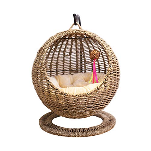 Katzenbett, Webstoff Erhöhte Katzenbett Haus Korb weiche Kissen Dome Korb, Wicker Katzenbett for Indoor-Katzen, Sommer-Ineinander greifen Katze Hängematte Bett, waschbar mit Kissen ( Farbe : 60*46cm ) von Zcx