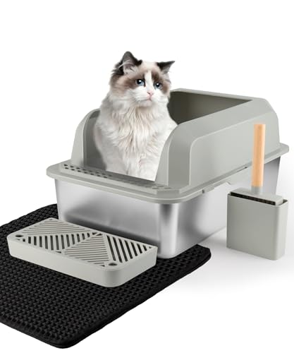 Katzentoilette aus Edelstahl mit Deckel, extra groß für Haushalte mit mehreren Katzen, leicht zu reinigen, nicht klebrig, Anti-Auslauf, inklusive Schaufel und Matte von ZeaCotio