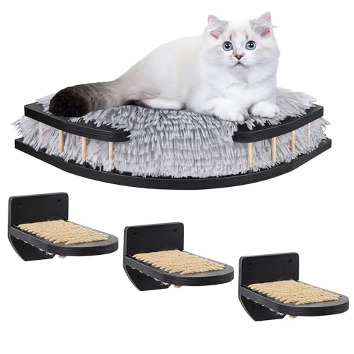 Katzen-Wandmöbel-Set mit Plüschkissen, Katzenhängematte Katzenwandregale mit 3 Katzenwandstufen, Katzenregale und Sitzstangen für Wandkletterregale für Innenbereich, schwarze Indoor-Katzenregale von Zecela