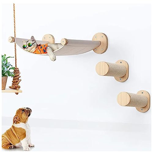 Zeetan 3Er-Pack Katzenwandmöbel, Katzenwandregal-Set, Vollgummi-Holz-Katzenregal Zum Schlafen, Klettern, Faulenzen, Inklusive 2 Treppen 1 Hängematte von Zeetan