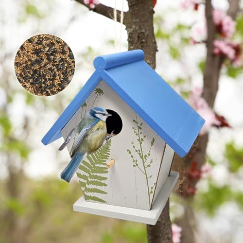 Vogelhaus aus Holz für den Außenbereich | Mittelgroßes Vogelfutterhaus aus Holz, hängendes Holzdekor für Außendekoration, Vogelhaus inklusive Mischung Wildvogelfutter für kleine Wildvögel, von Zelica